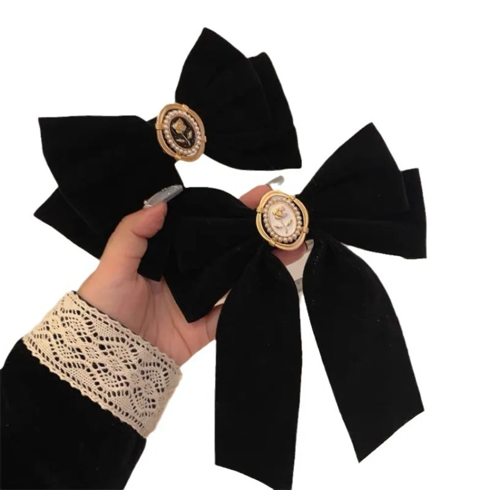 French Black Velvet Bow Hair Clip Camellia Retro Velvet Ribbon Hairpin Duckbill French Bow Tie Spring Clip High End Headdress