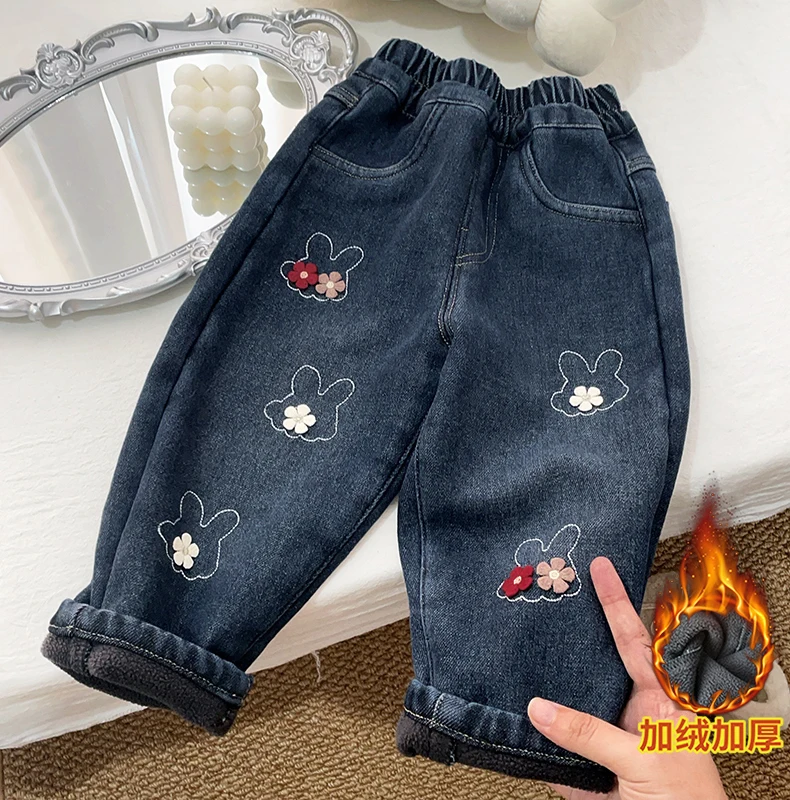 بنطلون جينز مبطن بالصوف للفتيات لفصلي الخريف والشتاء، سروال دافئ مبطن بالصوف للأطفال، بنطلون متعدد الاستخدامات للفتيات الصغيرات