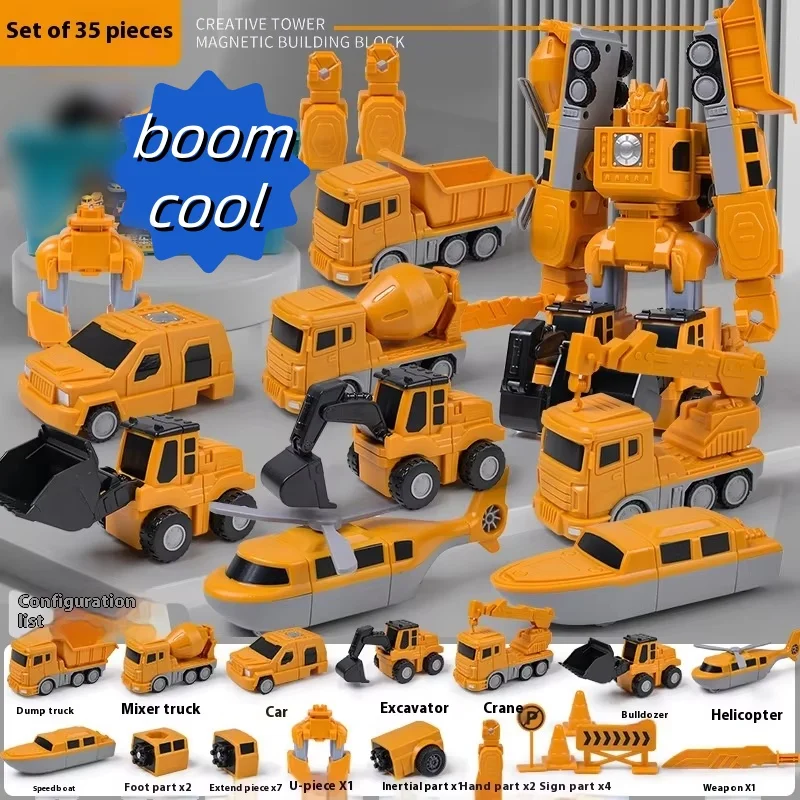 Engineering Car Toys Magnetic Transform Engineering Car Assembled Toys DIY Kids Assembly Engineering Vehicle Detachable Assembly Robot Collection Toy