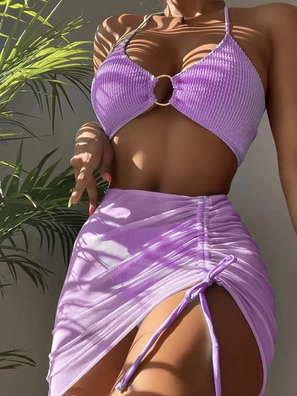 Push Up Bikini Thong Women Ring Linked Halter Swimwear Micro Ribbed 2023 High Waist Swimsuit With Beach 3 Pieces Mesh Skirt