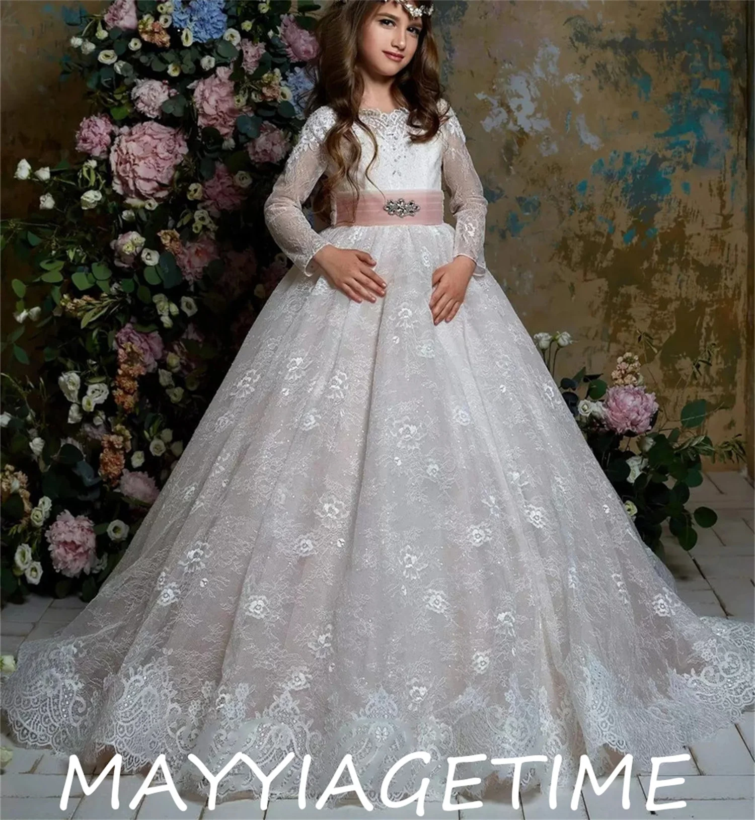 

Цветочные платья для девочек на свадьбу 2023 бальное платье для причастия мягкое кружевное платье с длинными рукавами для малышей вечерние платья для детей