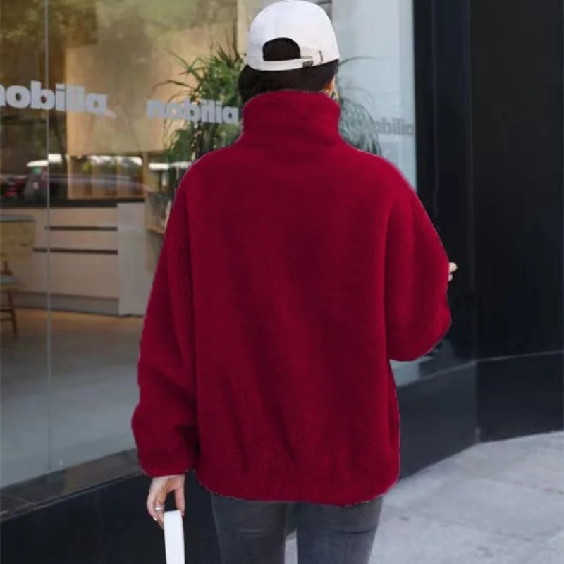 Women Winter Double Coral Fleece Warm Coat Stand Collar Plush Thick Overcoat Female Fashion Casual Long Sleeve Zipper Clothes 2