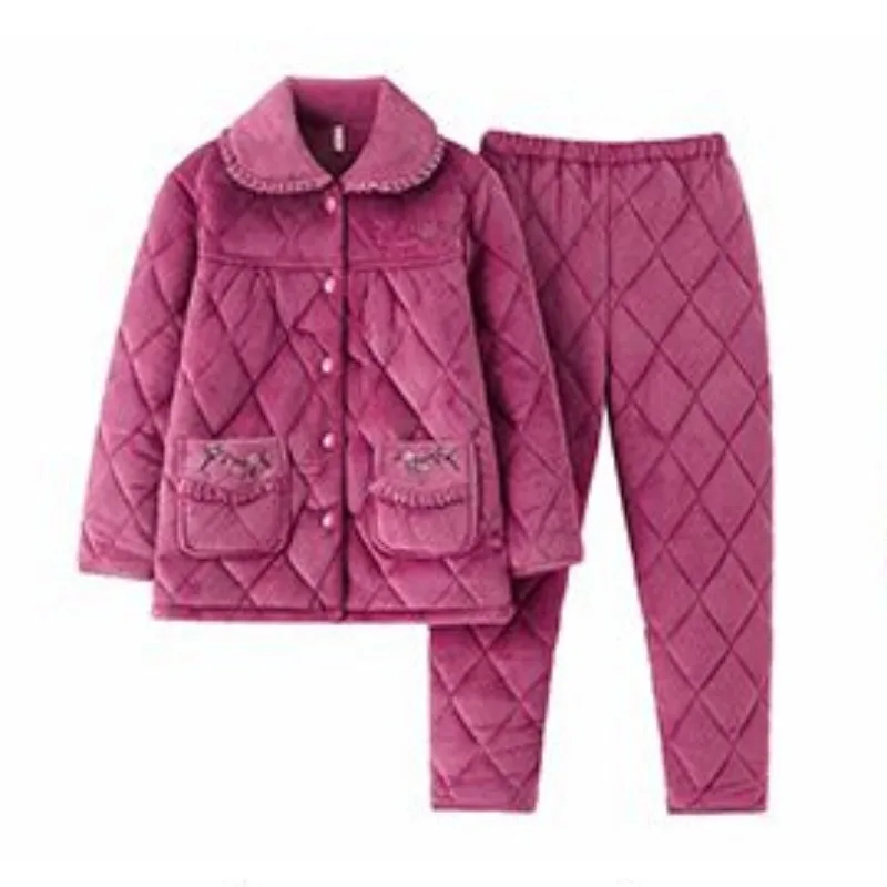Cotton Pajamas Women's Winter New Three-layer Thickened Loungewear Coral Velvet Home Clothes Elderly Mother Sleepwear Outfit