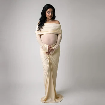Maternity off Shoulder Long Sleeves Maxi Dress Mesh Paneled Rouched Baby Shower Outfit for Photoshoot