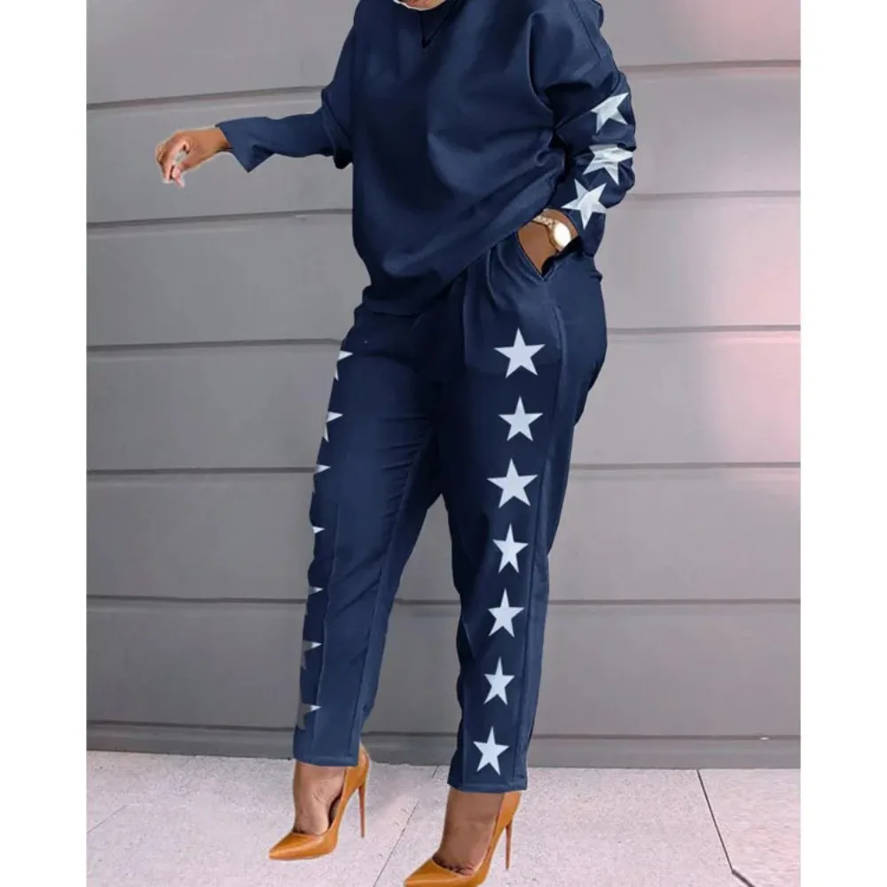 2024 Long Sleeve Women Loose 2 Piece Set Drawstring Design Pockets Plaid Print Long Sleeve Top & Pants Set Tracksuits Outfits