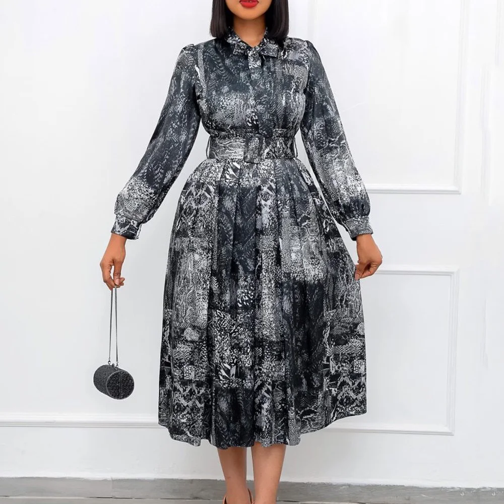 Robes vintage élégantes pour femmes, col nœud, manches longues, ceinture à la taille, ligne A, mi-mollet, fête d'anniversaire, robe éducative