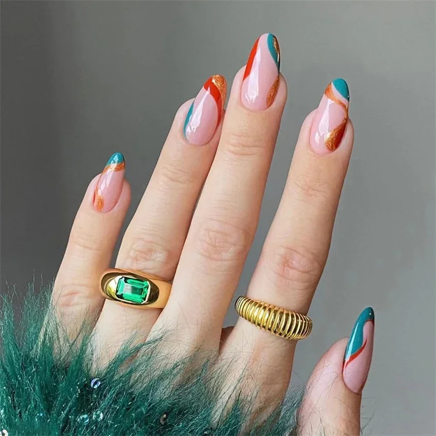 Fake nails 24Pcs French almond multicolor wave finished full acrylic removable press on nail art glossy waterproof