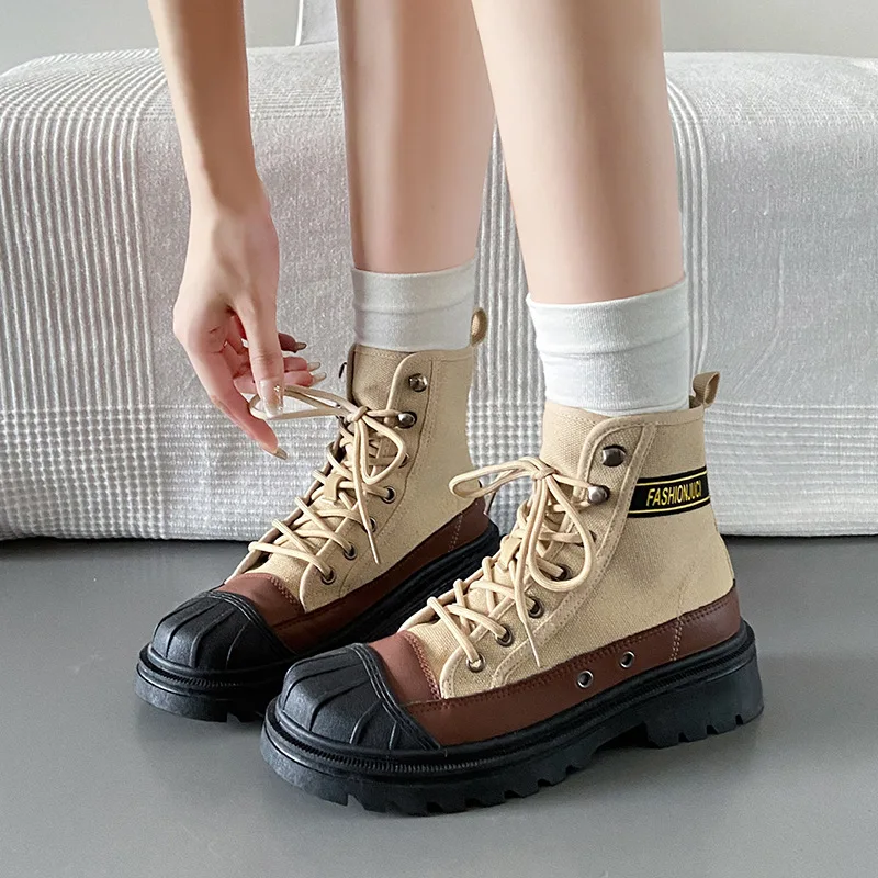 Women's Boots Canvas Uppers Wear-resistant Soles Breathable Trend Ladies Casual Sneakers Comfortable Thick-soled Outdoor Boots