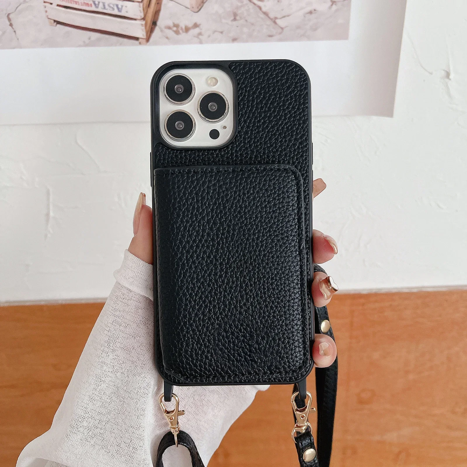 Elegant Crossbody Leather Wallet with Lanyard and Card Slots - Lichee Pattern Cover