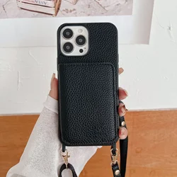 Elegant Crossbody Leather Wallet with Lanyard and Card Slots - Lichee Pattern Cover - iPhone 12 Pro (Black)