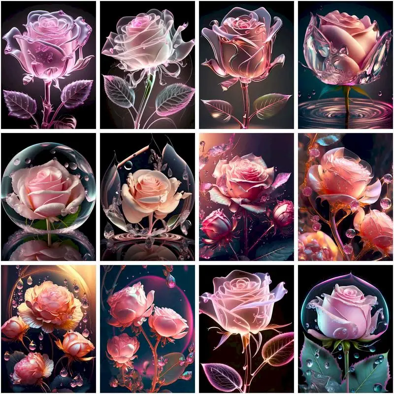 

CHENISTORY Painting By Number Pink Flowers Kits For Adults Kids Handpainted DIY Gift Picture By Number Rose Canvas Home Decor
