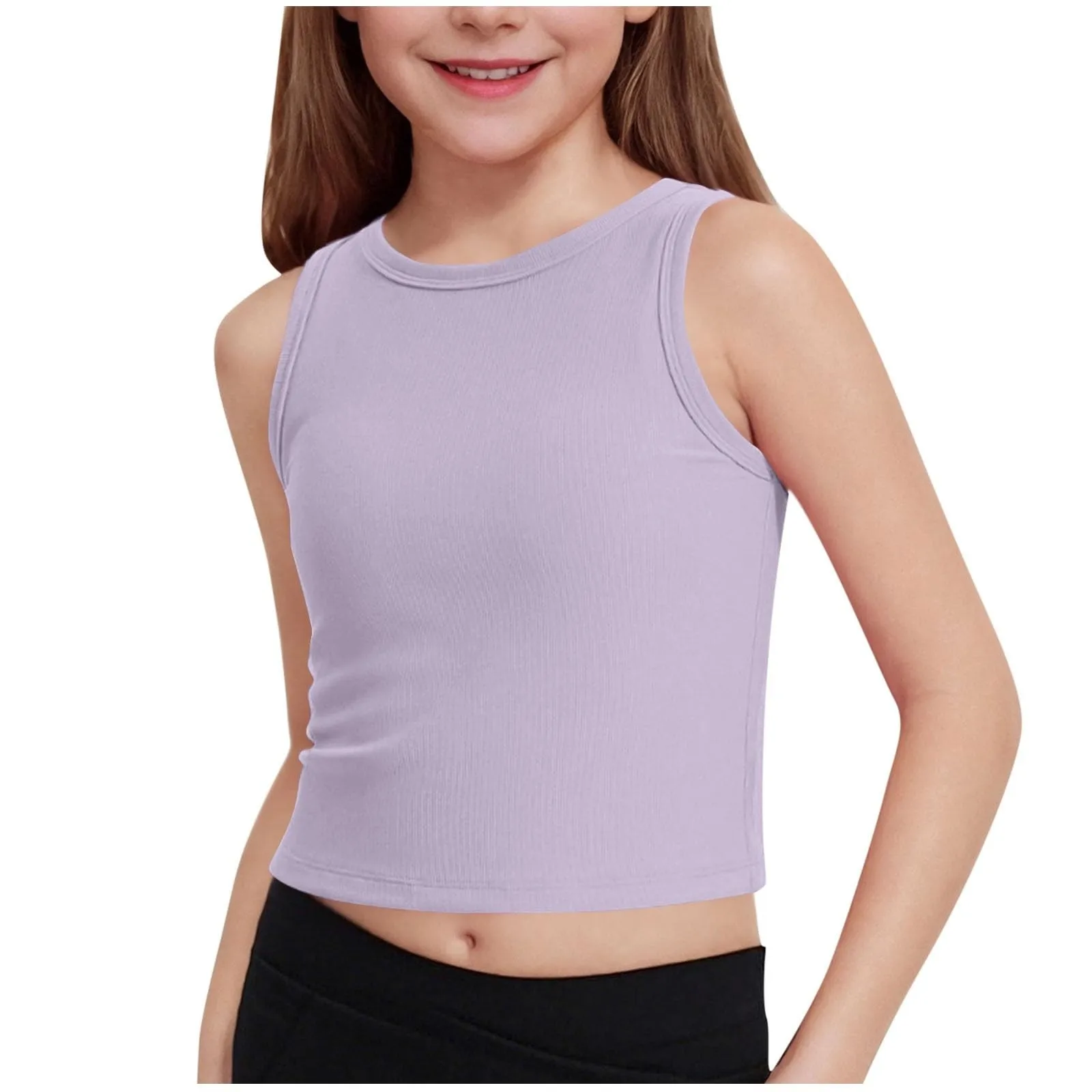 Girl Tank Tops Kids Athletic Fit Sleeveless Ribbed Knit High Neck Crop Top Elastic Bodysuit Gym Yoga Vest For Teenagers Girls - 2