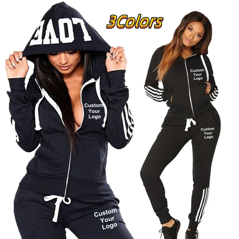

Custom Your Logo New Women's Tracksuit Zipper Hoodie Jacket +Drawstring Sweatpants Two Piece Set Female Jogging Outfits