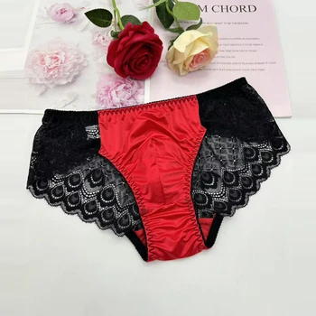 Sexy men underwear elasticity  smooth underpants Transparent, breathable, Red lace Men's Briefs 1