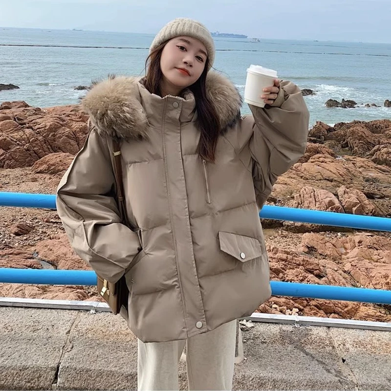 

2023 Winter Jacket New Women's Faux Fur Collar Coat Hooded Loose Korean Casual Warm Fashion Down Cotton Outerwear Parka Clothing