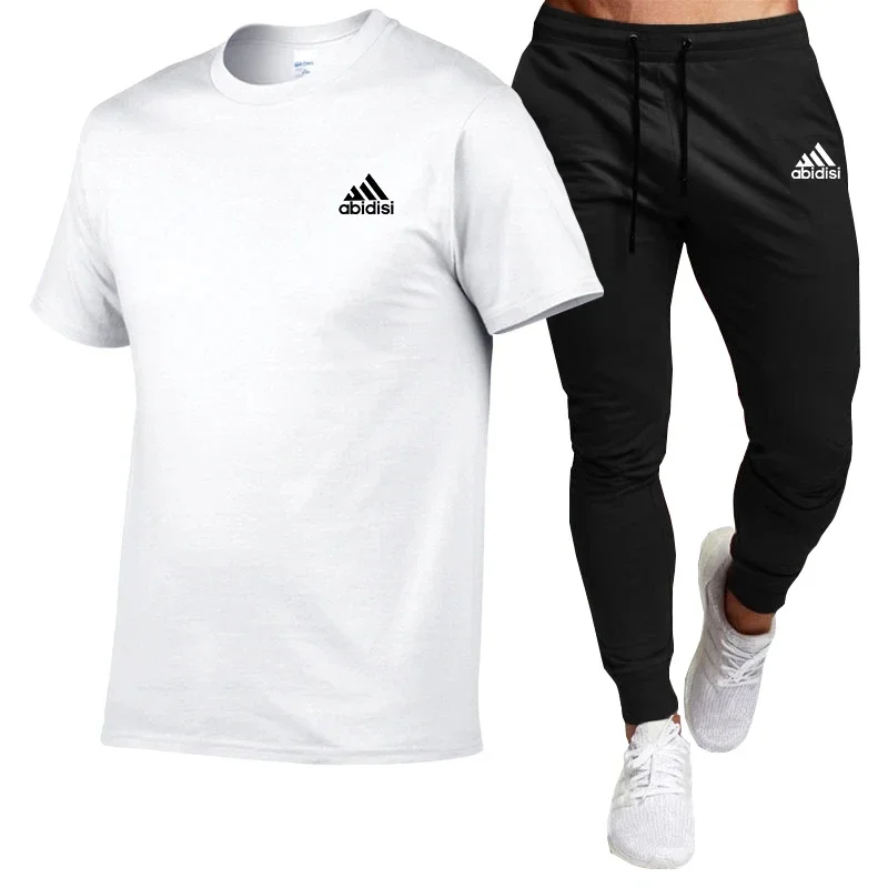 

2024 Fashion summer comfort clothing handsome men's suit cotton T-shirt short-sleeved top + black casual pants sportswear 2-piec