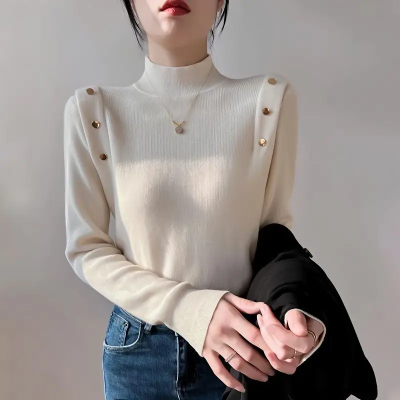 

Women's Autumn Winter New Fashion Half High Neck High Collar Pullover Solid Color Knitwear Casual Versatile Western Style Tops