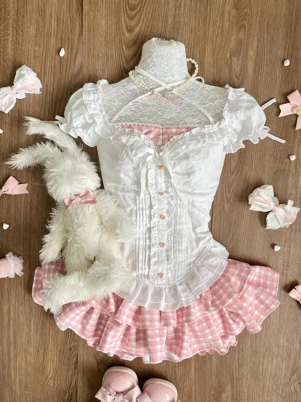 Japanese Sweet Preppy Style 2 Piece Set Women Kawaii Lace Patchwork Bow Tops + Y2k Plaid Mini Skirt Elegant Fashion Outifits New - Image 9