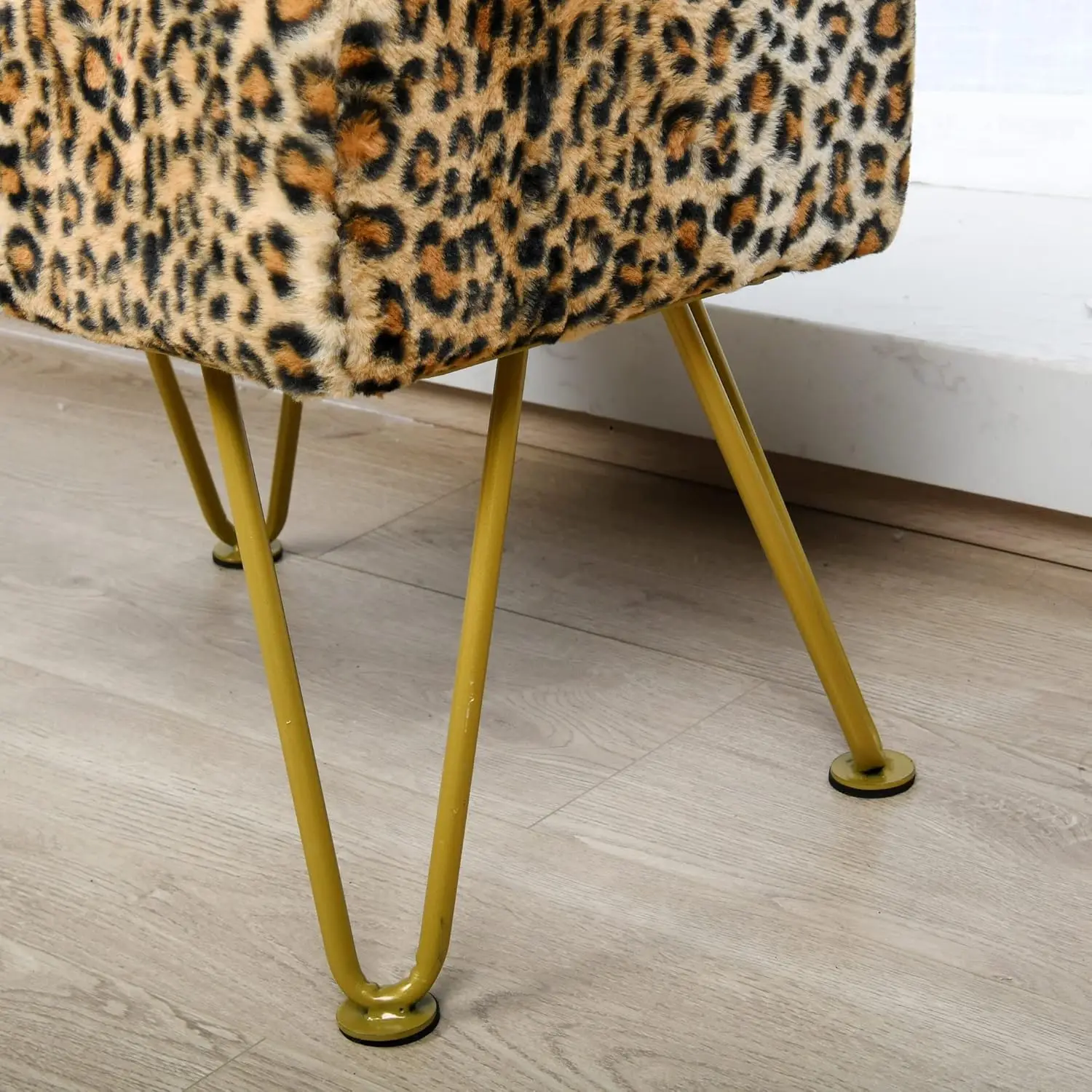 Leopard-Print Rectangle Faux Fur Ottoman Soft Fuzzy Entryway Bench Seat 19"x13"x17" Sturdy Accent Coffee Table