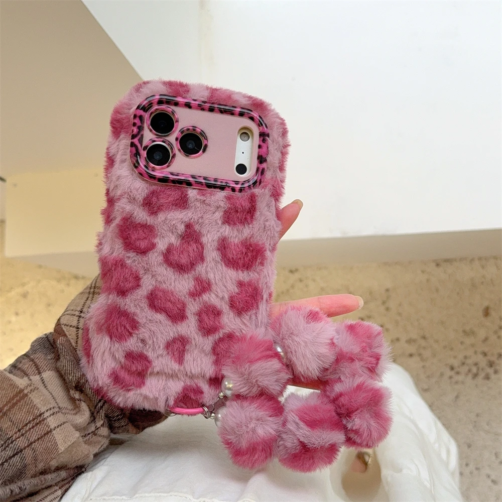 Chic Leopard Print Shockproof Furry Phone Case with Candy Colors