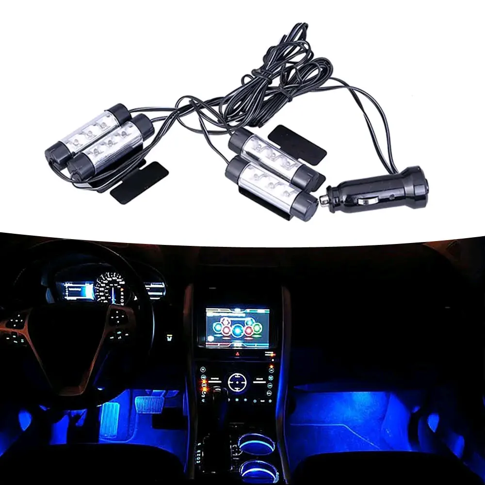 

1Set 4x3 Car Interior Decorative Lighting Inside 12V 4W Blue 4in1 LED Atmosphere Light Car Charge Foot Lighting Car Accessories