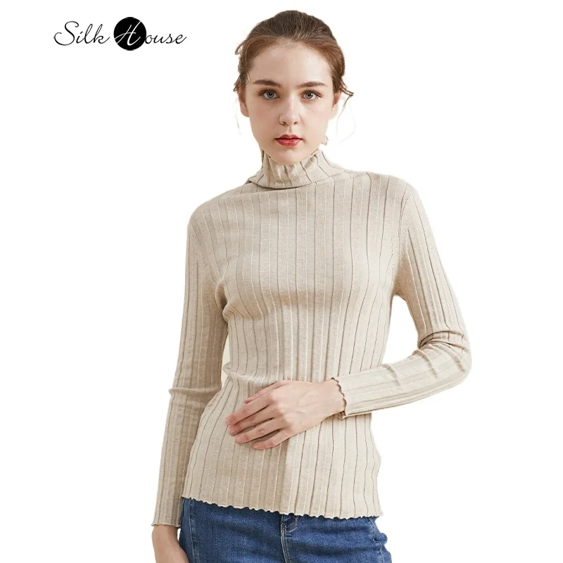 

Autumn and Winter New Big Pit Stripe High Neck Bottom Shirt Women's Silk and Cashmere Blended Elastic Warm Knitted Sweater Top