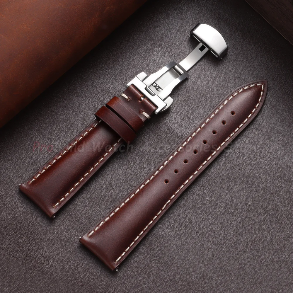 Vintage Brown Oil Wax Leather Watch Strap with Butterfly Buckle - Men's Accessory