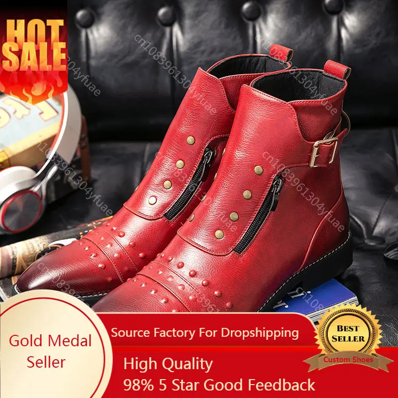 

British Style Luxury Men Dress Boot Oxfords Shoes Autumn Designer Motorcycle Boot For Male Red Brown Leather Cowboys Boots Men