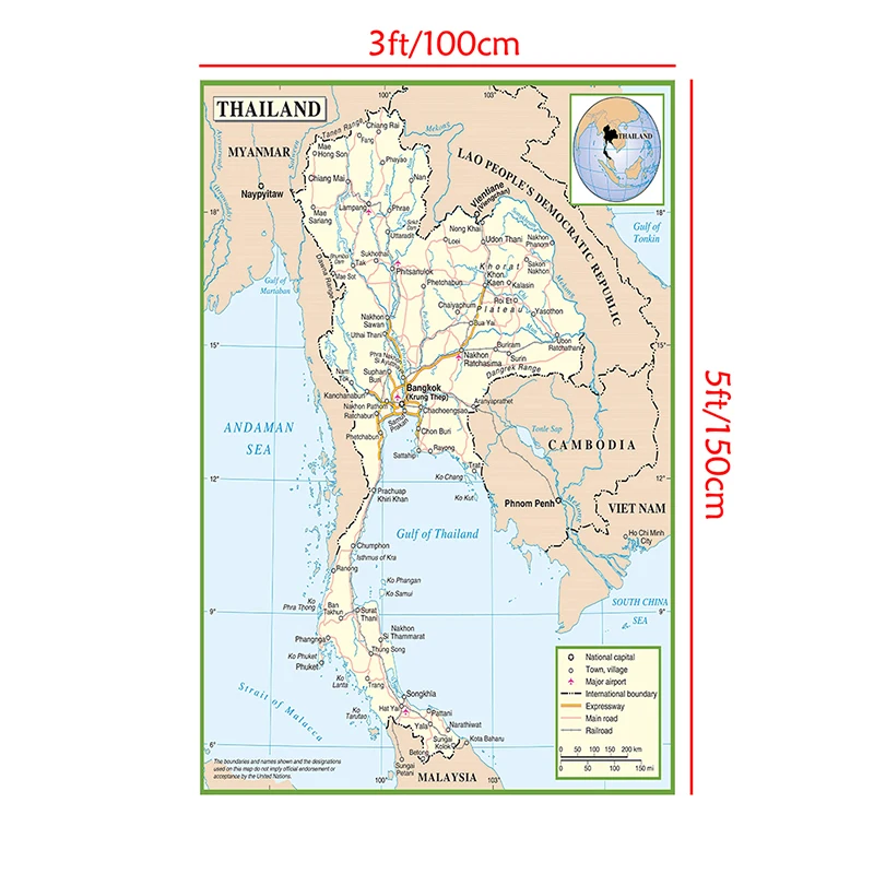 100*150cm Map of The Thailand Wall Decorative Poster Non-woven Canvas Painting Art Print Living Room Home Decor School Supplies