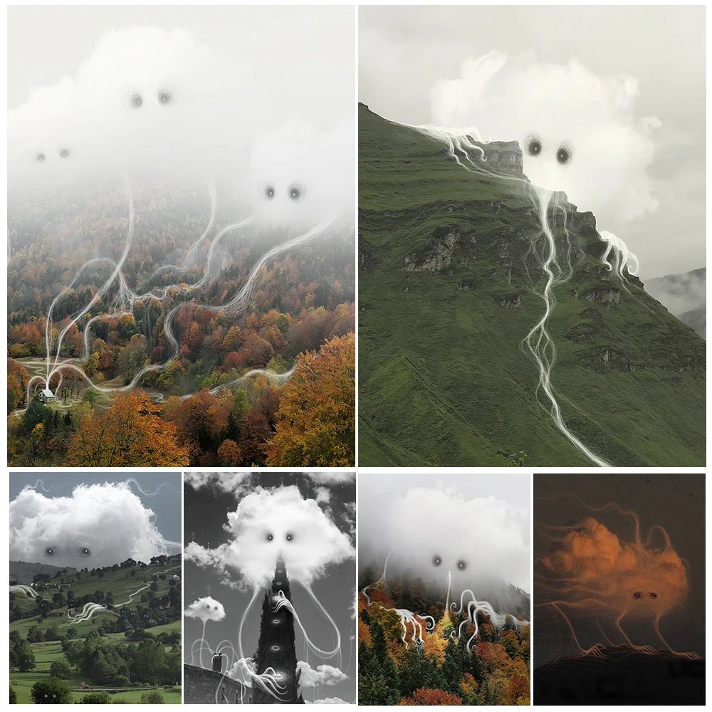 

The Ghost Of A White Cloud Hiding On A Mountain Peak Vintage Wall Art Canvas Painting Abstract Ghost Art Poster And Print Decor