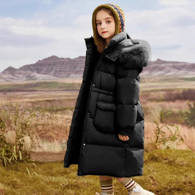 Girls' down padded jacket medium long coat 5-14 years old children's thick coat girl's woolen collar padded winter