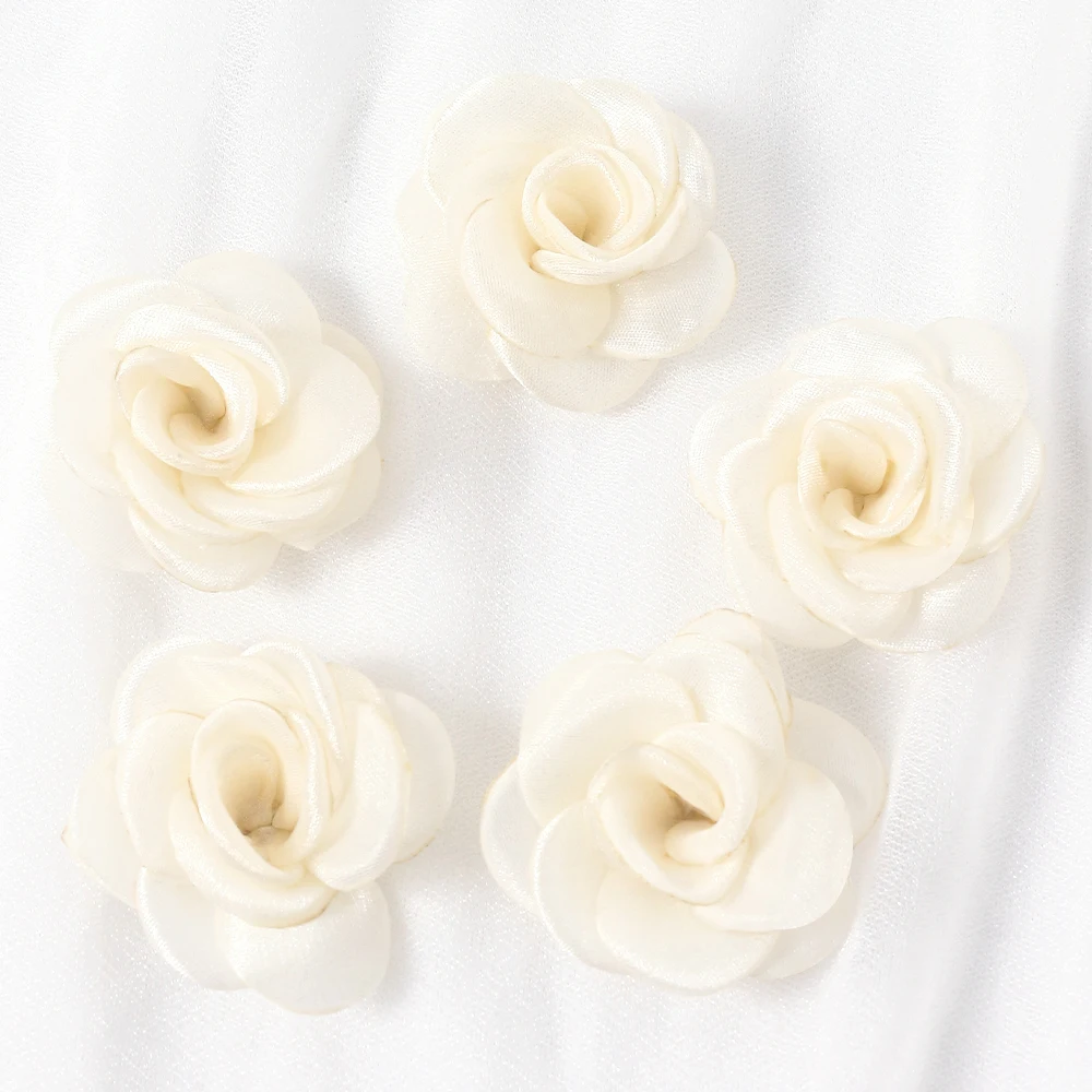 Elegant White Chiffon Camellia Rose Fabric Flowers - Set of 8
