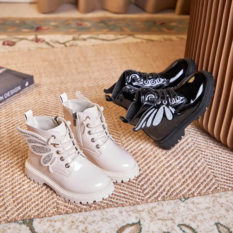 

Spring Autumn Fashion Boots Girl Boots Butterfly Wings Leather Boots Bling Children's Shoes Boy Student Ankle Boots Pu Round Toe