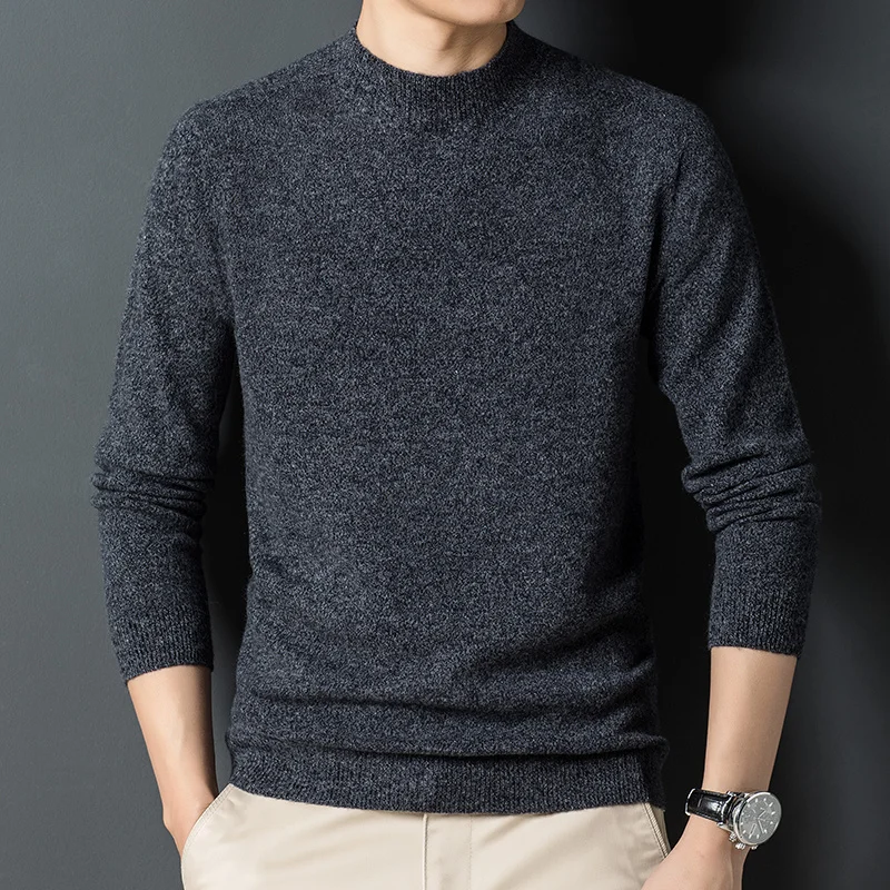 

100% Men's pure wool half high collar autumn winter integrated Korean casual sweater slim bottomed shirt