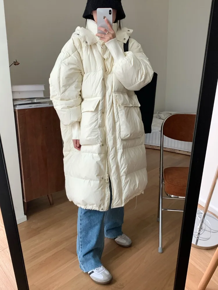 

Oversize Women Clothing Down Jackets Warm Long Sleeve Hooded Long Parkas Outerwear Lace-up Down Coat Thick Big Pocket New