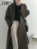 JXMYY French Lazy Style Warm Female Fresh Winter 2025 Classical Belt Retro Loose Women Woolen Coats Chic Casual Long Coat Long 1