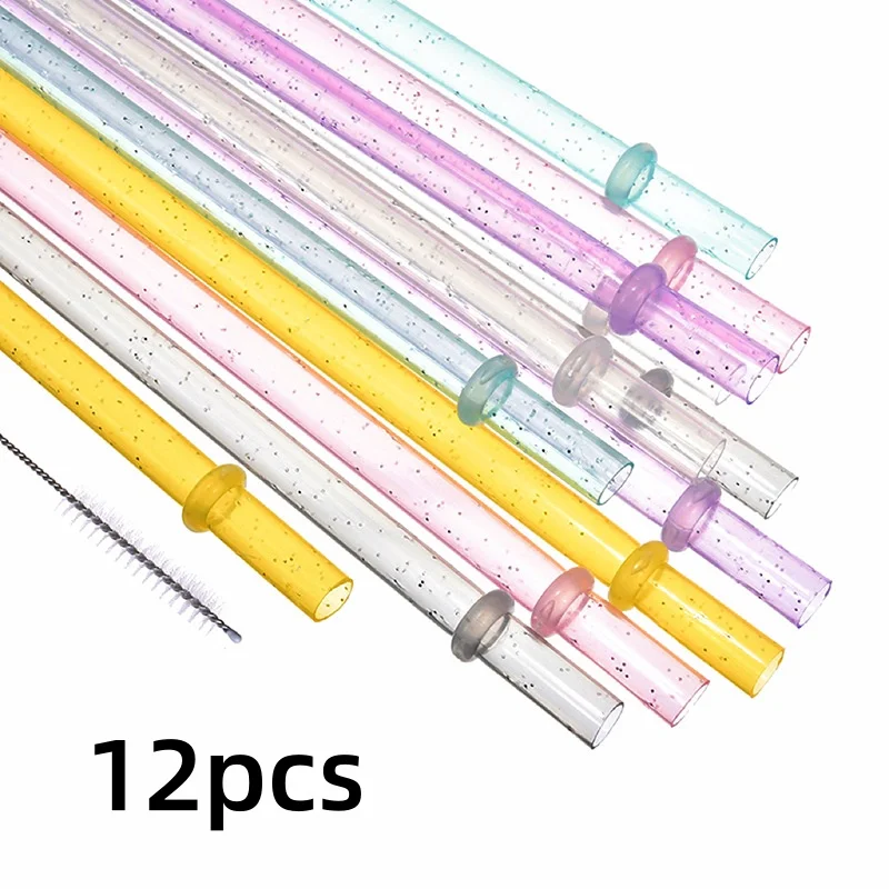 12 Pcs reusable plastic straws glitter drinking straws for Stanley Cup clear sparkle straw with cleaning brush for tumbler party reusable plastic straws