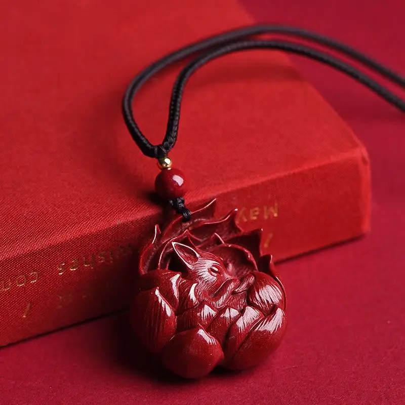 New natural vermilion nine-tailed fox pendant with peach blossom small fox key chain for men and women  reiki  spiritual