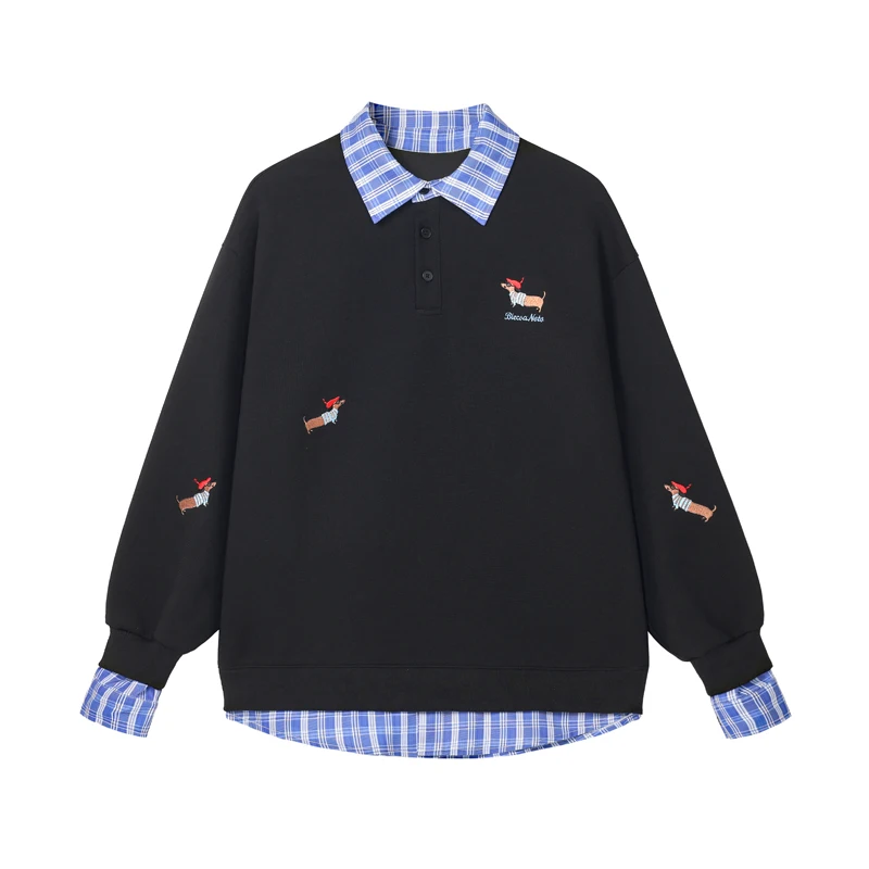Plaid Patchwork College Style Embroidered Sweatshirt