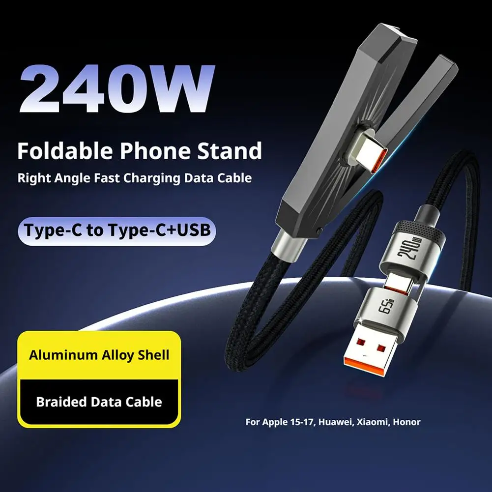 240W Fast Charging Cable with Built-in Foldable Phone Stand, 2-in-1 USB-A/USB-C Braided Cord 27W PD Charge for iPhone, Android 1