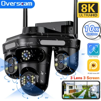 8K 16MP HD Four Lens PTZ 10X PTZ Zoom Camera Outdoor Three Screen WiFi Security 360°Auto Tracking Smart Home Wirelss CCTV Camera