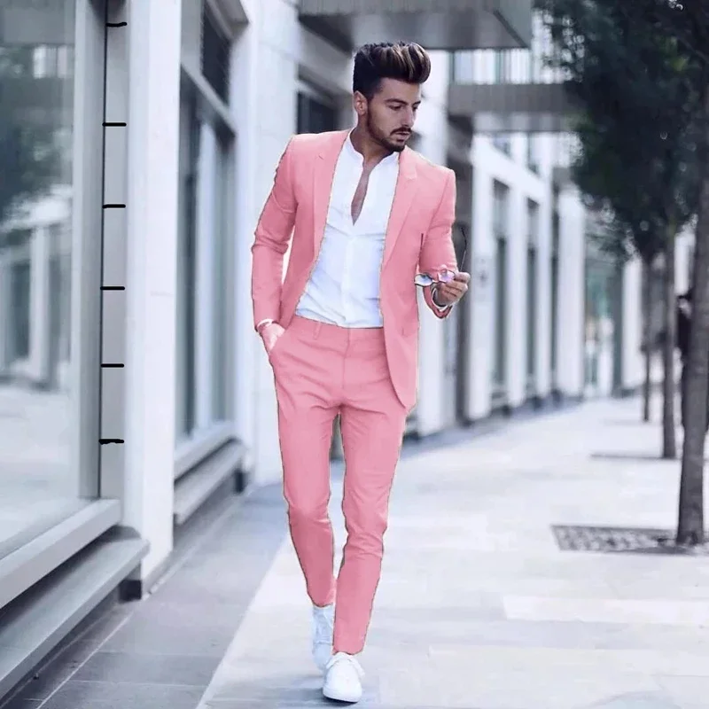 Men's Luxurious Business Suit for Wedding Party Tuxedos Slim Fit Peak Lapel Pink Suits (Jacket + Pants)