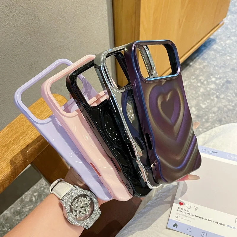 Glossy Love Heart Phone Case with 3D Wavy Pattern and Plating - Fashionable Shockproof Cover