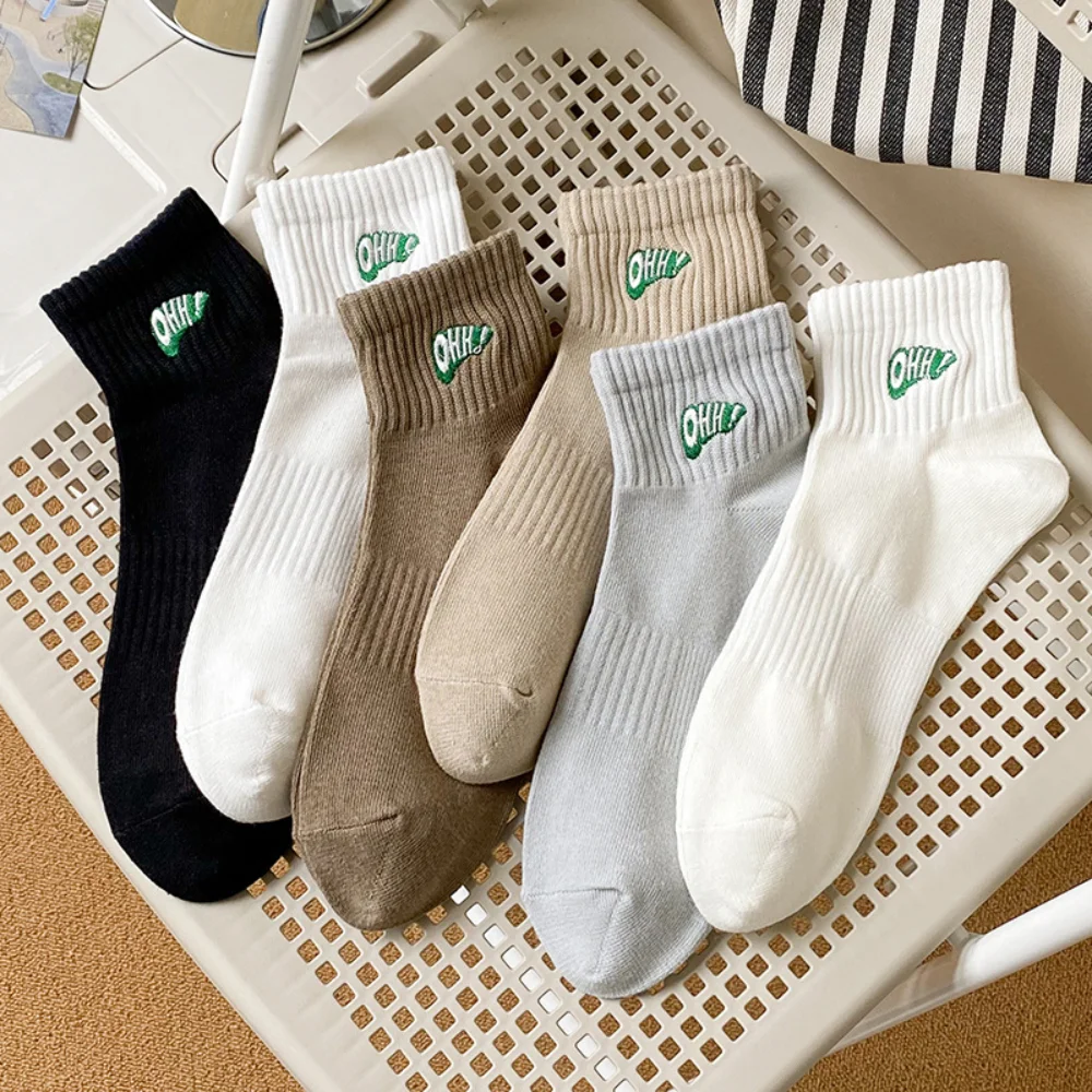 

New Korean Women Man Short Socks Green Ohh Embroidered Socks Embroidery Japanese Fiber Cotton Socks 2023