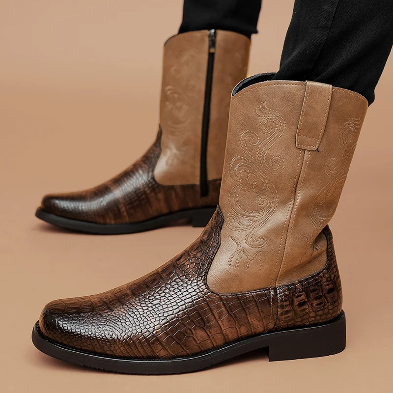 

Brown Retro Embroidery Western Boots Man Zipper Slip-on Cowboy Boots For Men Crocodile Leather Men's High Boots Plus Size 46