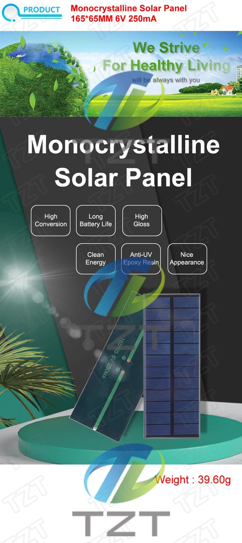 1/3PCS 6V 250mA 1,5W Solar Panel TZT Polykristalline 165*65MM Mini Sunpower Solar system DIY für Batterie Handy Ladegerät – Detail 1
