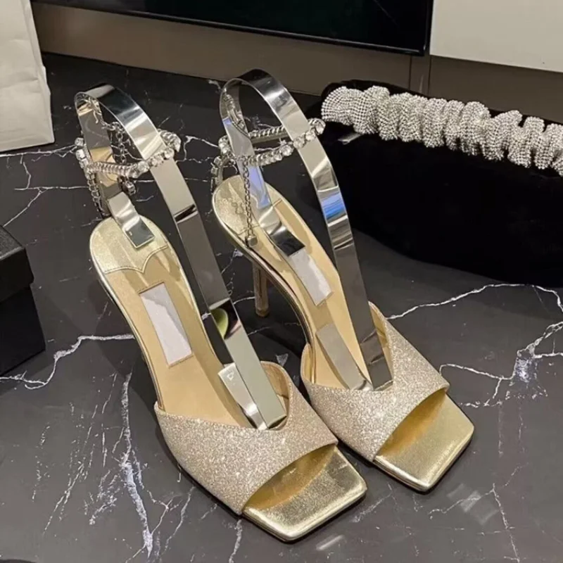 Women's Sandals 2023 Summer New High Heel Fashion Banquet Crystal Rhinestone Chain Square Head Thin Heel Open Toe Roman Sandals