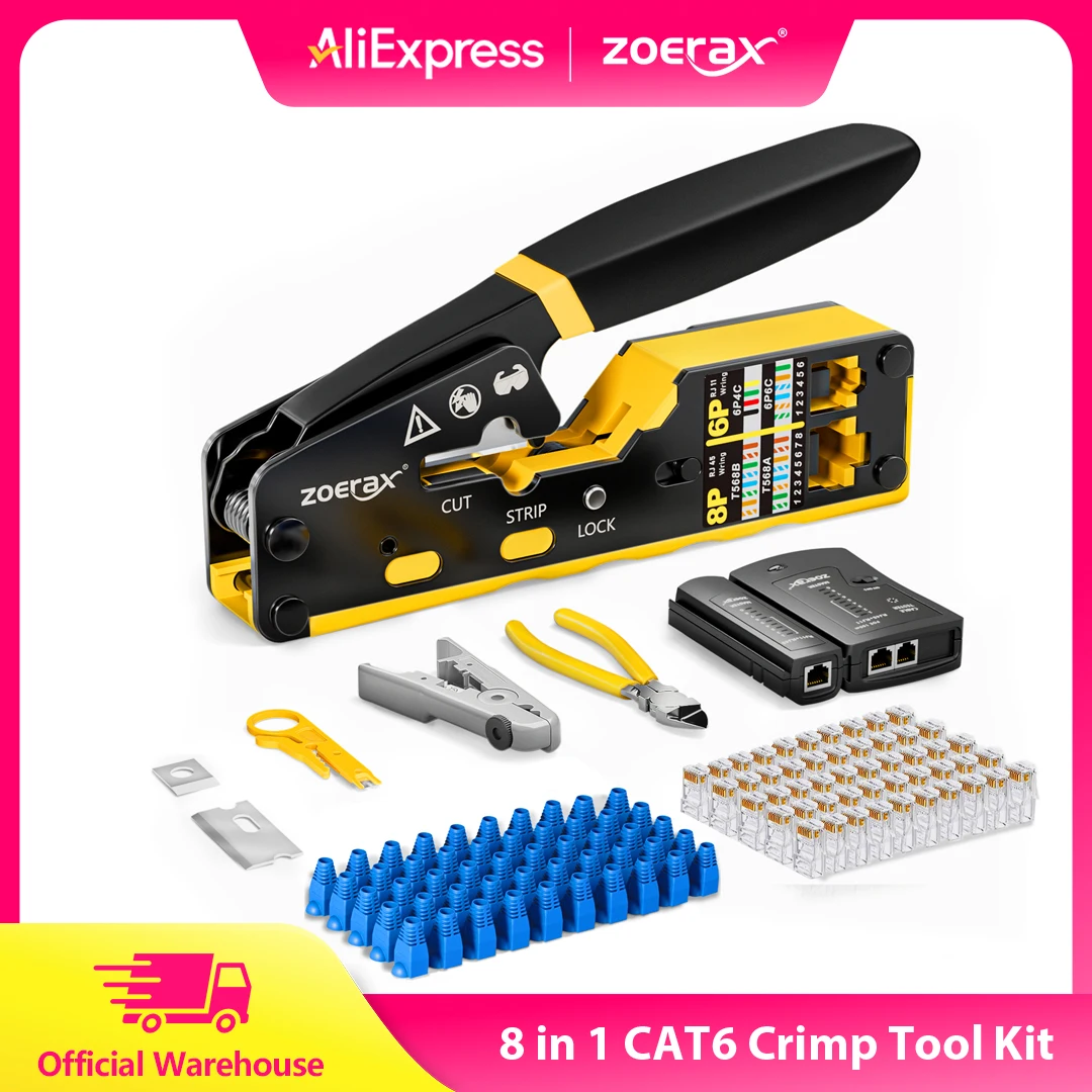 ZOERAX 8 in 1 RJ45 압착 도구 키트, 압착 도구, 케이블 테스터, 와이어 커터, 블레이드, 50Pcs Cat 6 커넥터 및 스트레인 릴리프 부츠
