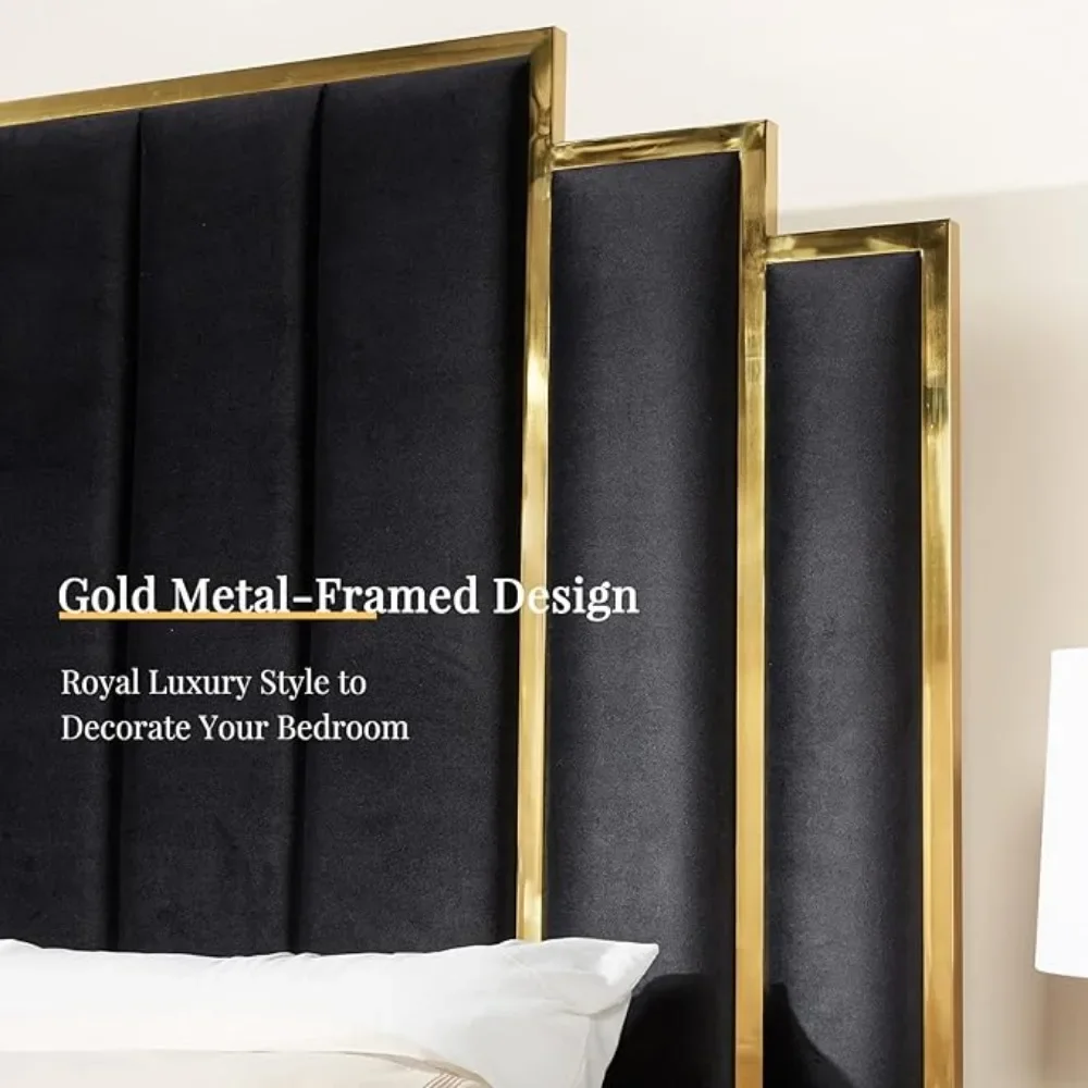 King Size Platform Bed Frame, 65" Velvet Upholstered Bed with Gold Trim Headboard/Wooden Slats/No Box Spring Needed/Black 4