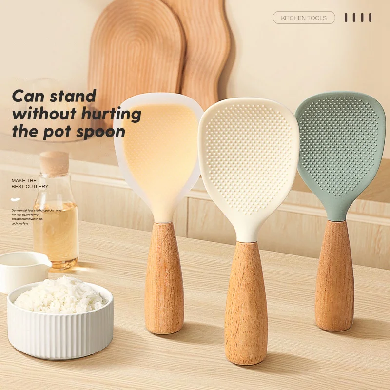Silicone Wooden Handle Rice Spoon High Temperature Resistant Non Stick Rice Spoon Lisheng Kitchen Accessories 1Pc